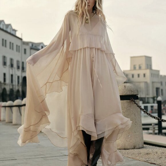 Chiffon Layered Maxi Dress With Cloak | Size Large | Black - Picture 16 of 16